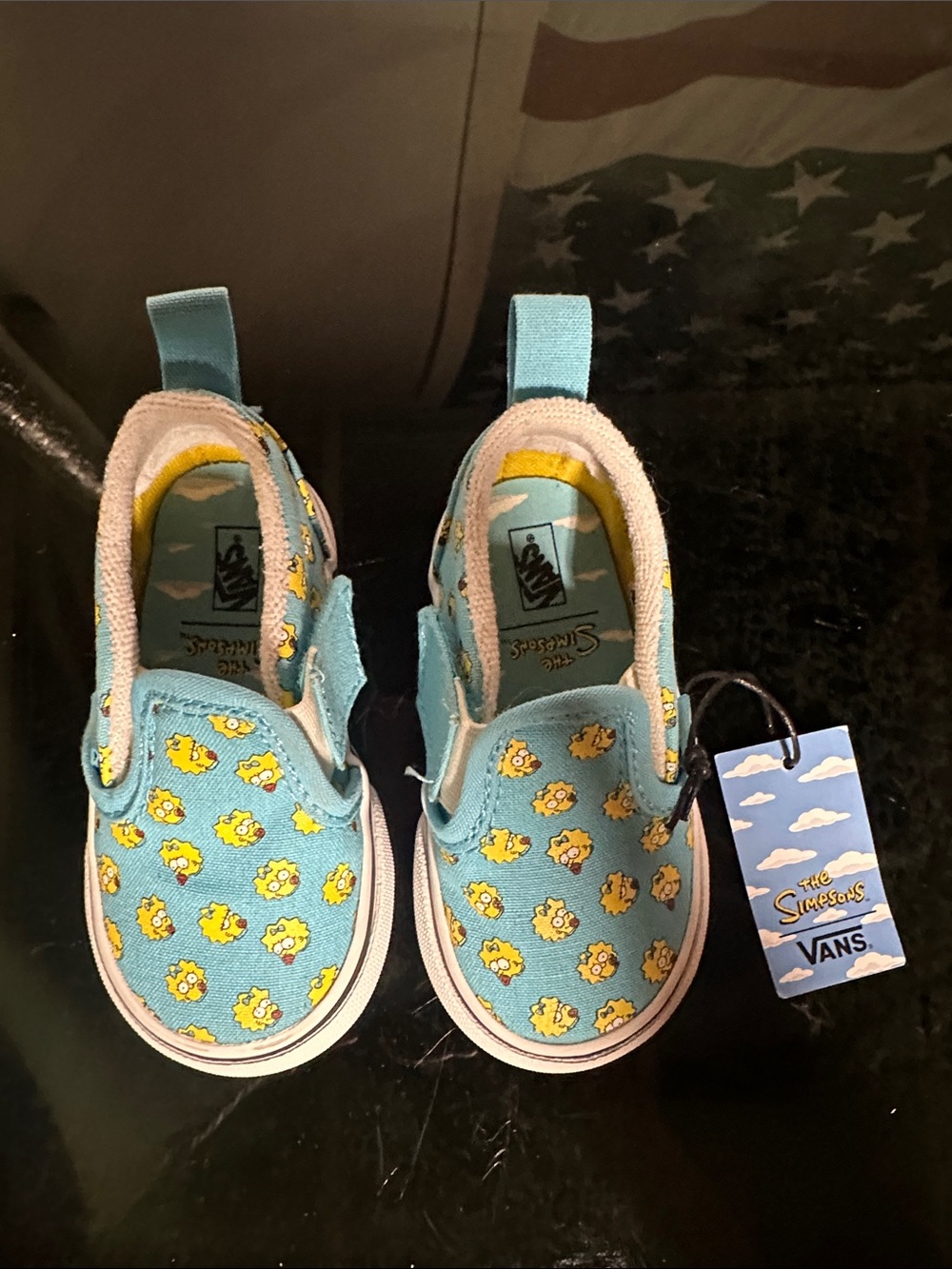 Vans Kids Slip-On Sneakers - Light Blue with Yellow Maggie Simpson Print